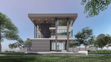 Modern evin doğal manzaralı 3D çizimi
