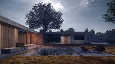 Modern evin yüzme havuzlu 3D çizimi