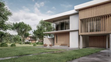 Modern evin doğal manzaralı 3D çizimi