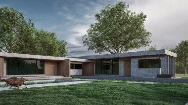 Modern evin doğal manzaralı 3D çizimi