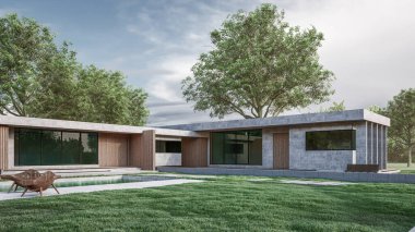 Modern evin doğal manzaralı 3D çizimi