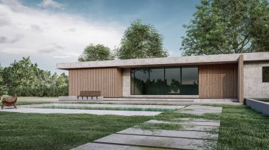 Modern evin doğal manzaralı 3D çizimi