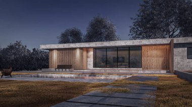 Modern evin doğal manzaralı 3D çizimi