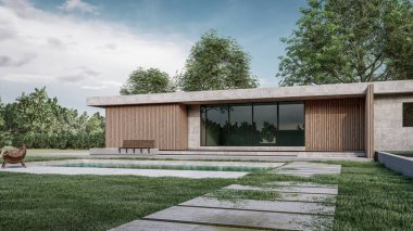 Modern evin doğal manzaralı 3D çizimi