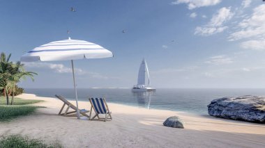 3D Rendering Of Sunbathing Bed With Sea View