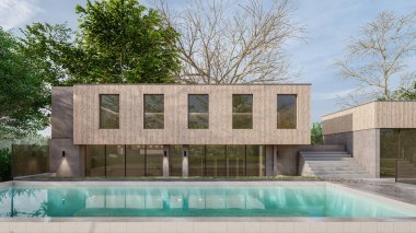 Modern evin yüzme havuzlu 3D çizimi