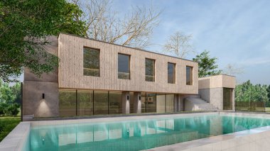 Modern evin yüzme havuzlu 3D çizimi