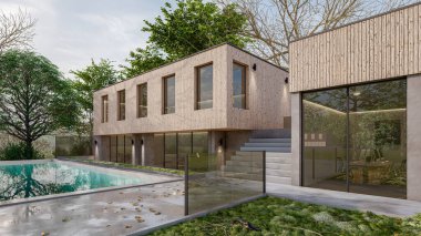 Modern evin yüzme havuzlu 3D çizimi