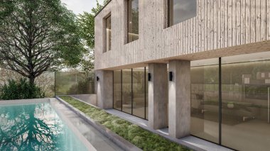 Modern evin yüzme havuzlu 3D çizimi