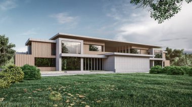Modern evin doğal manzaralı 3D çizimi