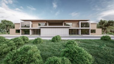 Modern evin doğal manzaralı 3D çizimi