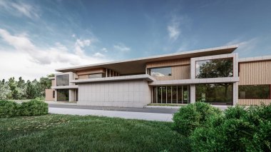 Modern evin doğal manzaralı 3D çizimi