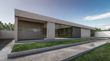 Modern evin doğal manzaralı 3D çizimi