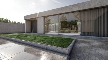 Modern evin doğal manzaralı 3D çizimi