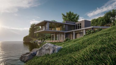 Göl manzaralı modern evin 3D çizimi