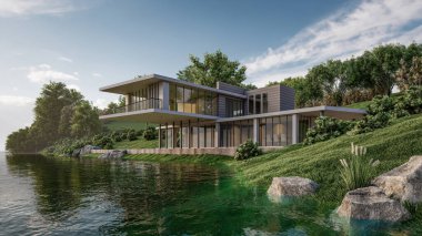 Göl manzaralı modern evin 3D çizimi