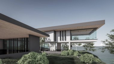 Göl manzaralı modern evin 3D çizimi