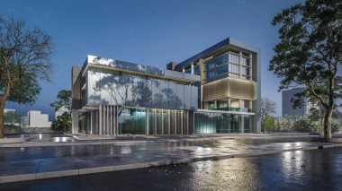 Islak beton zemin yansıması olan modern evin 3 boyutlu çizimi