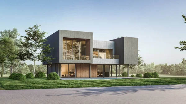 Modern evin doğal manzaralı 3D çizimi