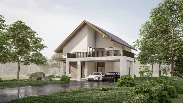 Modern evin doğal manzaralı 3D çizimi