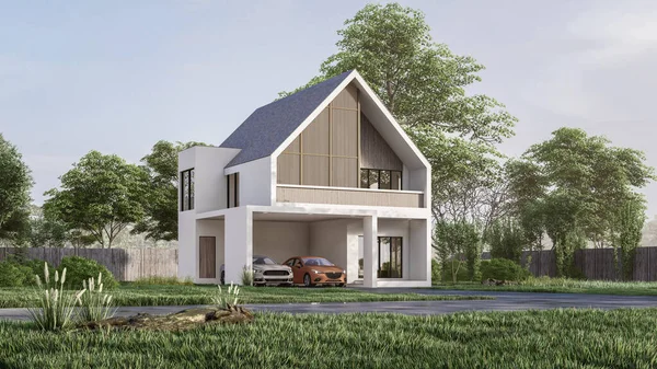 Modern evin doğal manzaralı 3D çizimi