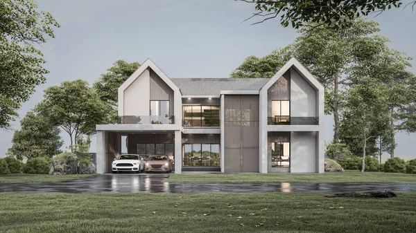 Modern evin doğal manzaralı 3D çizimi