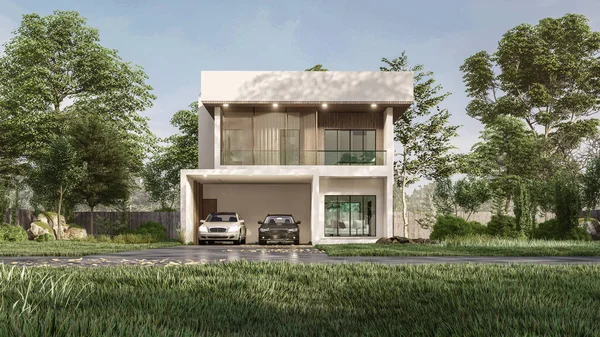 Modern evin doğal manzaralı 3D çizimi