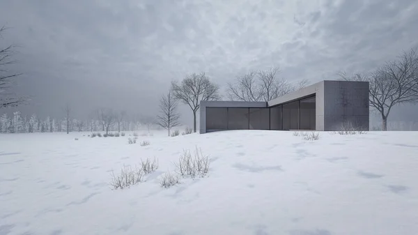 Rendering Illustration Modern House Winter — Stockfoto