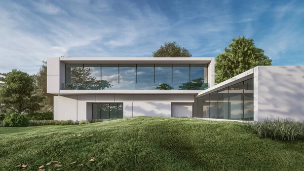 Illustrazione Rendering Della Casa Moderna Con Paesaggio Naturale — Foto Stock