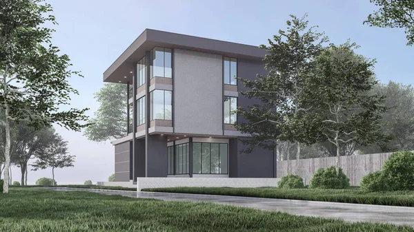 Modern evin doğal manzaralı 3D çizimi