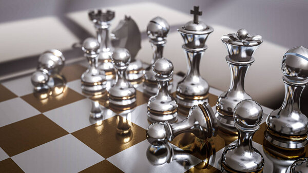 3D rendering of metal chess pieces on board
