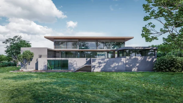 Modern evin doğal manzaralı 3D çizimi