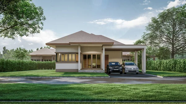 Modern evin doğal manzaralı 3D çizimi