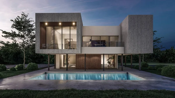 Modern evin yüzme havuzlu 3D çizimi