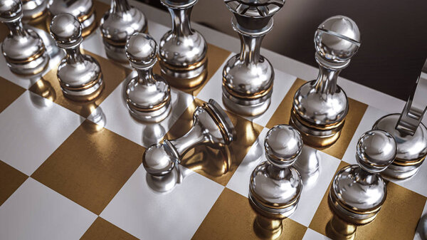 3D rendering of metal chess pieces on board