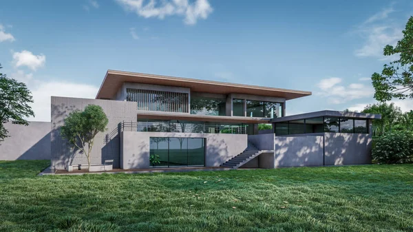 Modern evin doğal manzaralı 3D çizimi