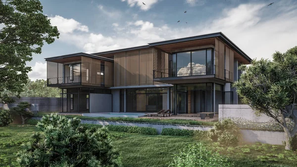 Modern evin doğal manzaralı 3D çizimi