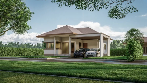 Modern evin doğal manzaralı 3D çizimi