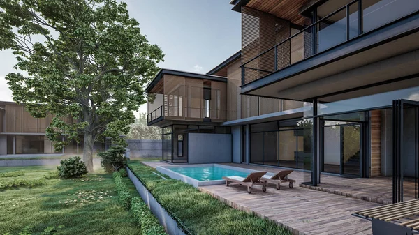 Rendering Illustration Eines Modernen Hauses Mit Schwimmbad — Stockfoto
