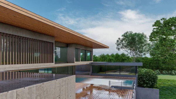 Illustrazione Rendering Della Casa Moderna Con Piscina — Foto Stock