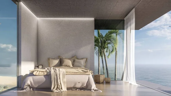 3D Interior Rendering Of Bedroom With Sea View Illustration