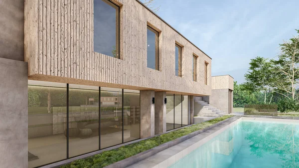 Modern evin yüzme havuzlu 3D çizimi