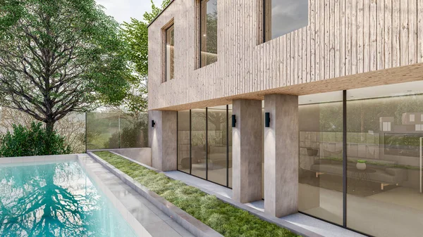 Modern evin yüzme havuzlu 3D çizimi