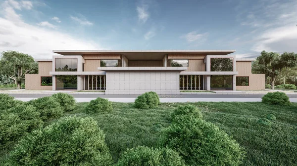 Modern evin doğal manzaralı 3D çizimi