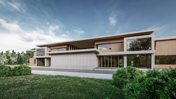 Modern evin doğal manzaralı 3D çizimi