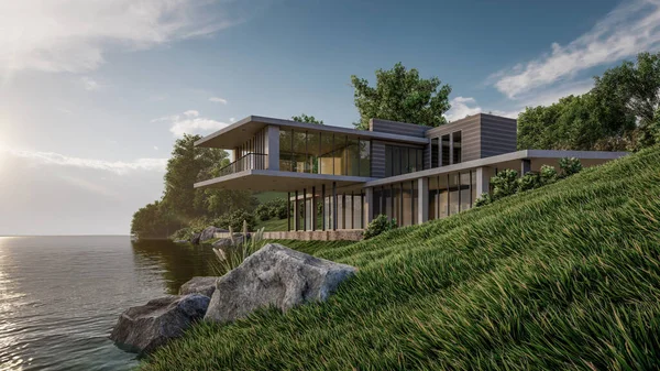 Göl manzaralı modern evin 3D çizimi