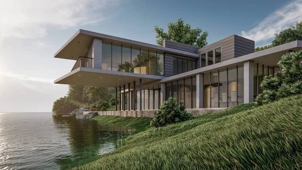 Göl manzaralı modern evin 3D çizimi