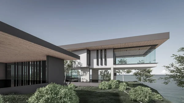 Göl manzaralı modern evin 3D çizimi