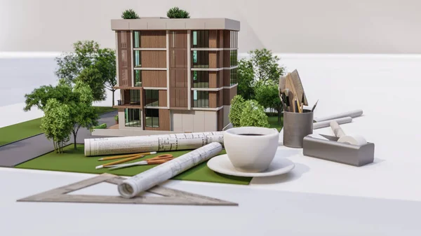 房屋建筑模型说明的3D渲染 — 图库照片