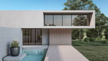 Modern evin yüzme havuzlu 3D çizimi